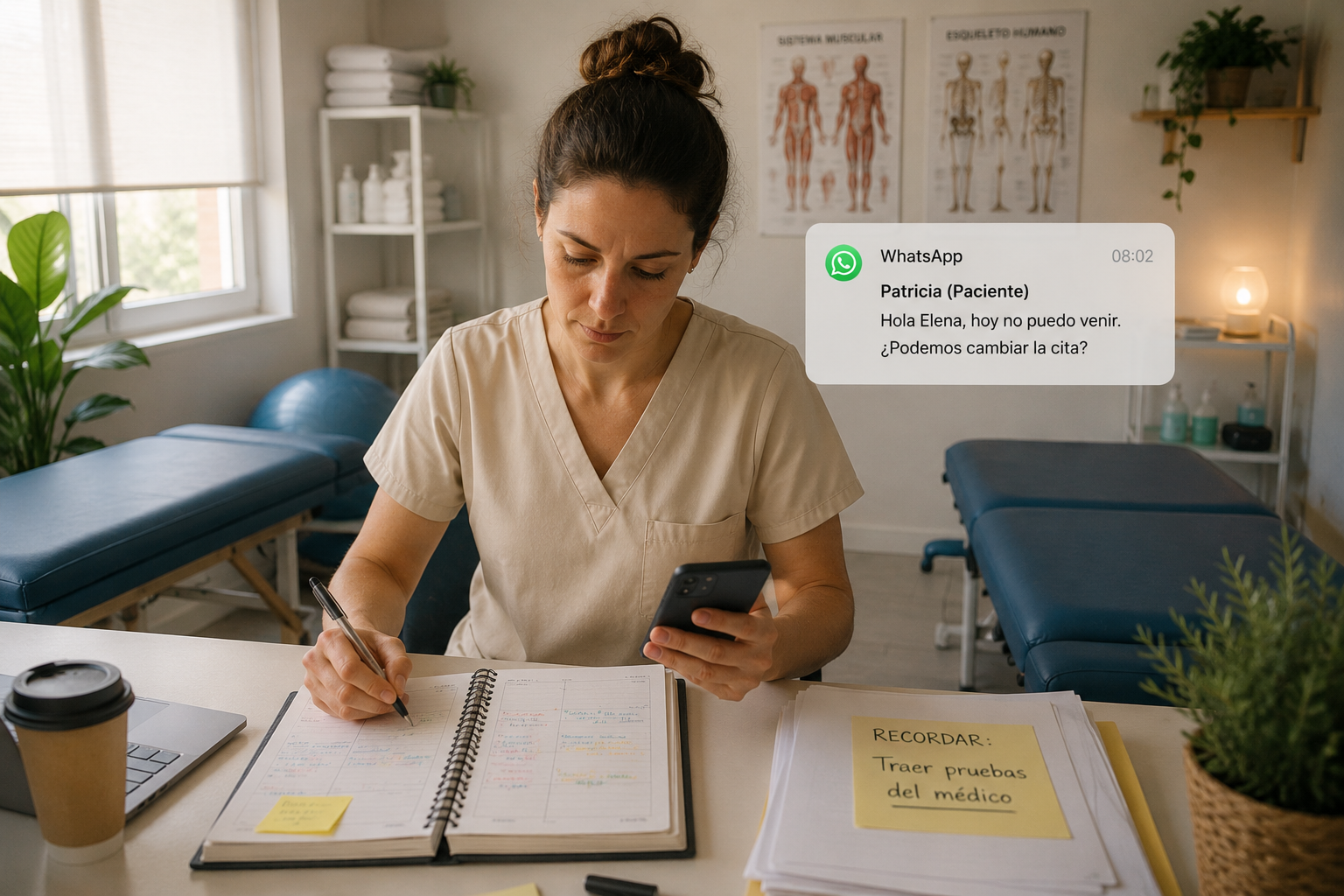Fisioterapeuta en su consulta revisando la agenda a mano mientras llega un mensaje de cancelación por WhatsApp